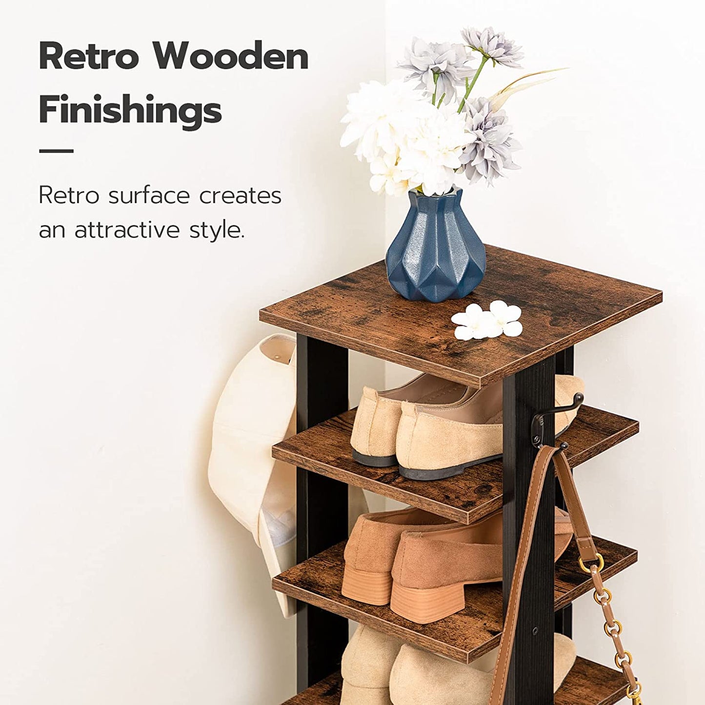 Vertical Shoe Rack, 8 Tier Shoe Storage Organizer with Hooks, Narrow Shoe Rack