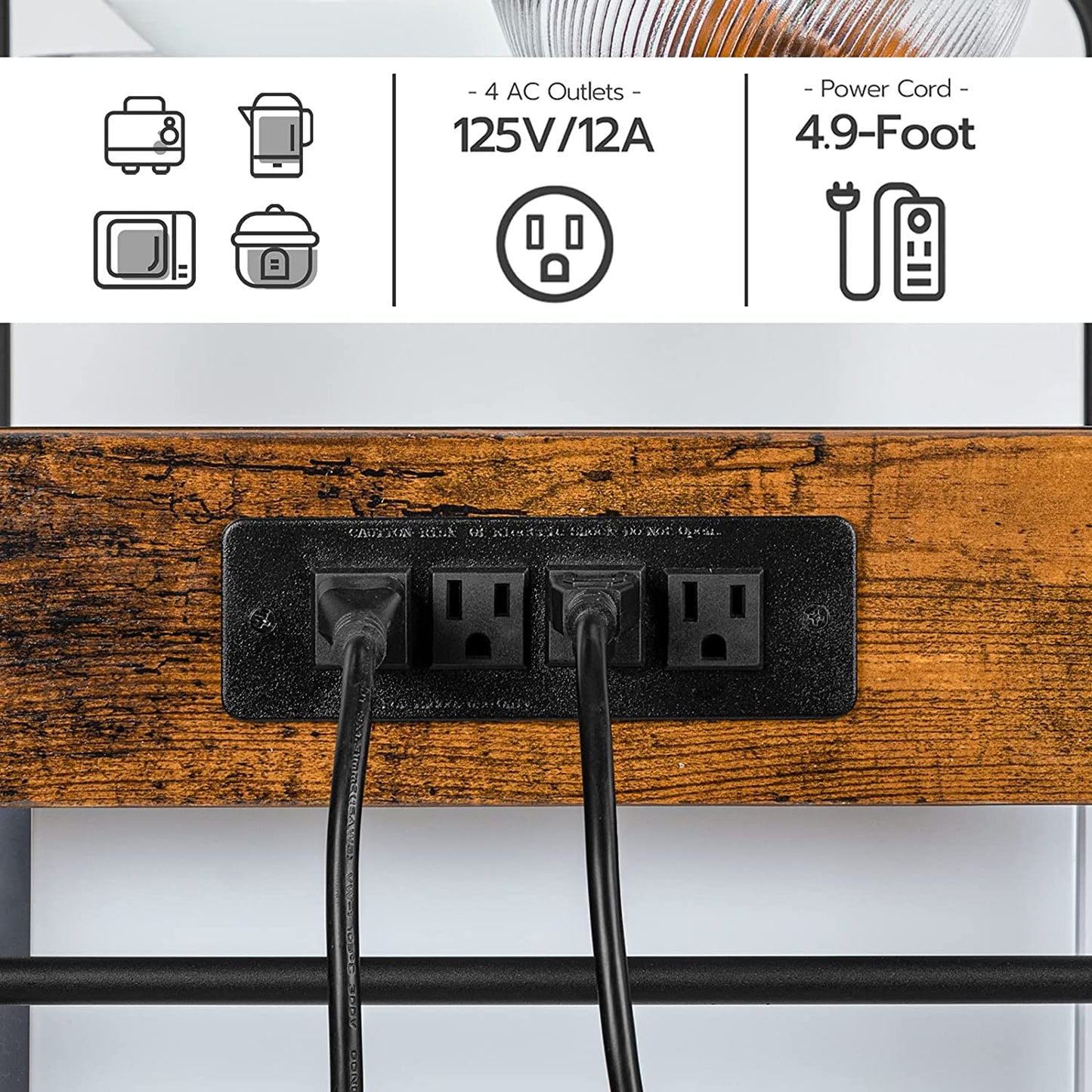Bakers Rack with Power Outlet, Microwave Stand with 4 S-Shaped Hooks, 7-Tier Kitchen Shelves, Coffee Station