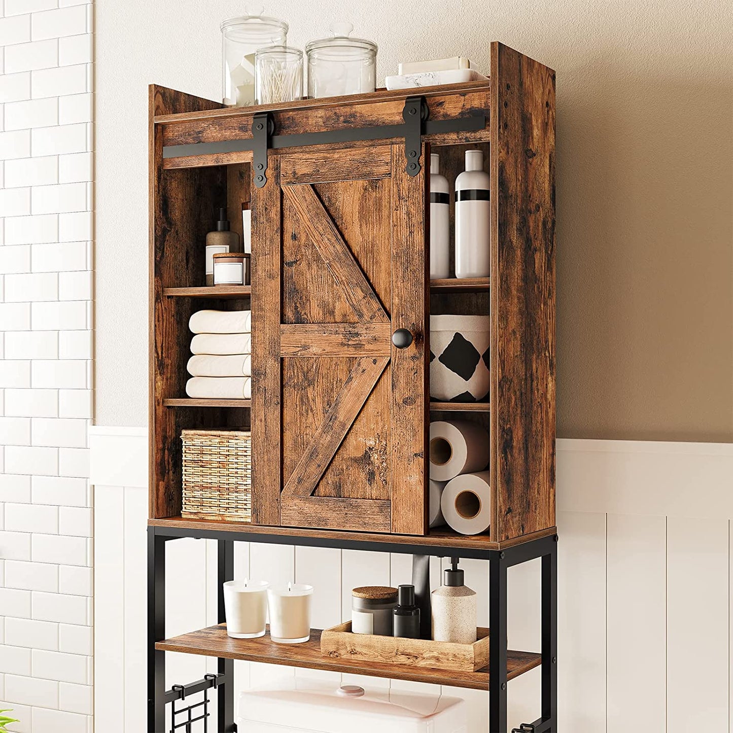 Over The Toilet Storage Cabinet, 5 Tier Over Toilet Bathroom Organizer with Sliding Door