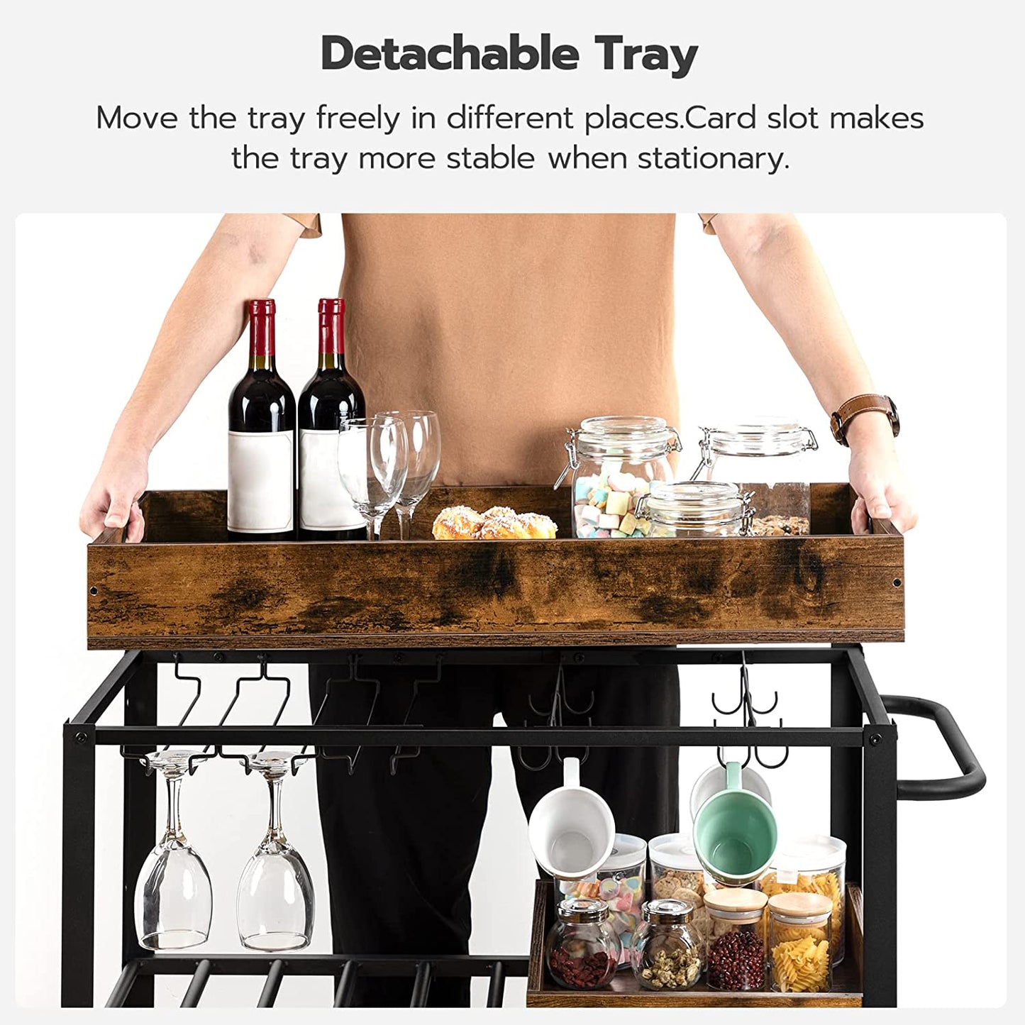Bar Cart, Serving Cart with Removable Tray, Kitchen Cart with Wine Rack and Cup Holders, Lockable Castors