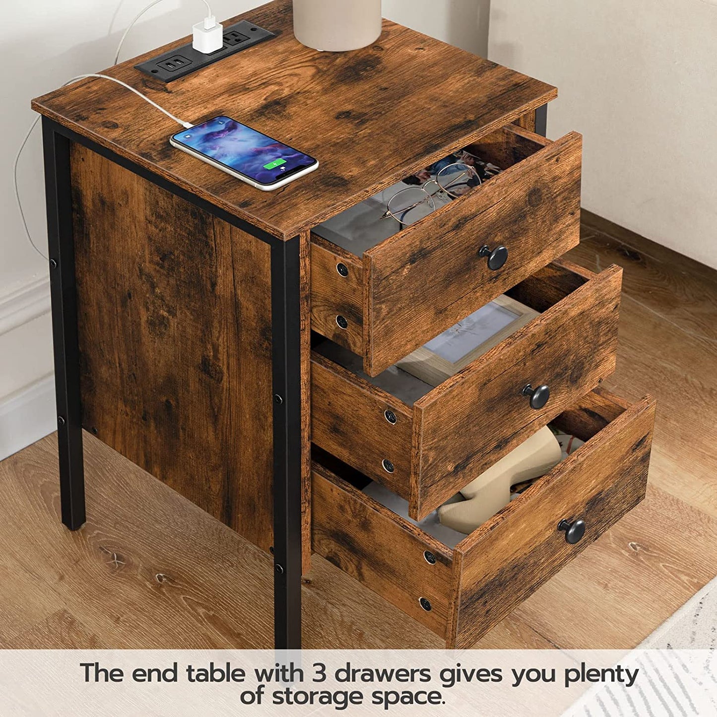 Nightstand, End Table with Charging Station and USB Ports, Side Table with 3 Drawers and Storage Shelf