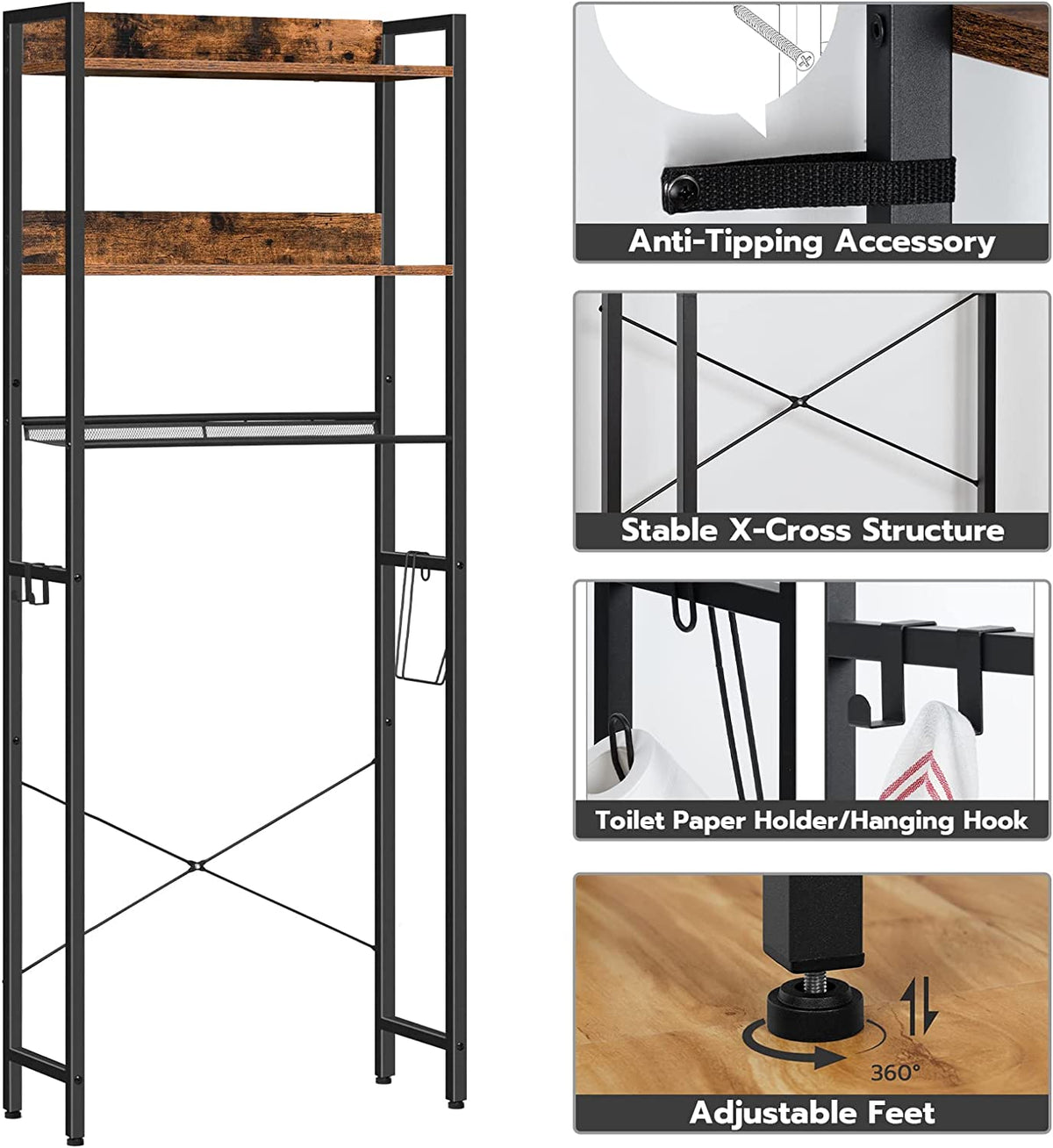 Over The Toilet Storage, 3 Tier Over Toilet Bathroom Organizer with Paper Storage Holder and 4 Functional Hooks
