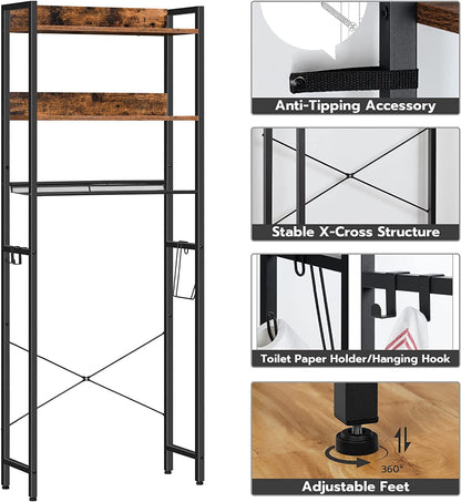 Over The Toilet Storage, 3 Tier Over Toilet Bathroom Organizer with Paper Storage Holder and 4 Functional Hooks