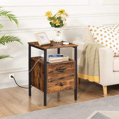 End Table with Charging Station, Side Table with 2 Drawer & USB Ports & Power Outlets, Nightstand