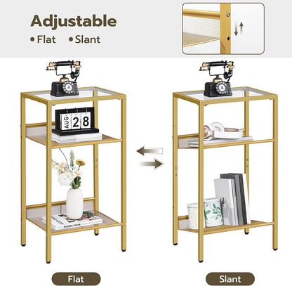 Tall End Table, Tempered Glass Telephone Table with Mesh Shelf, 3-Tier High and Narrow Side Table