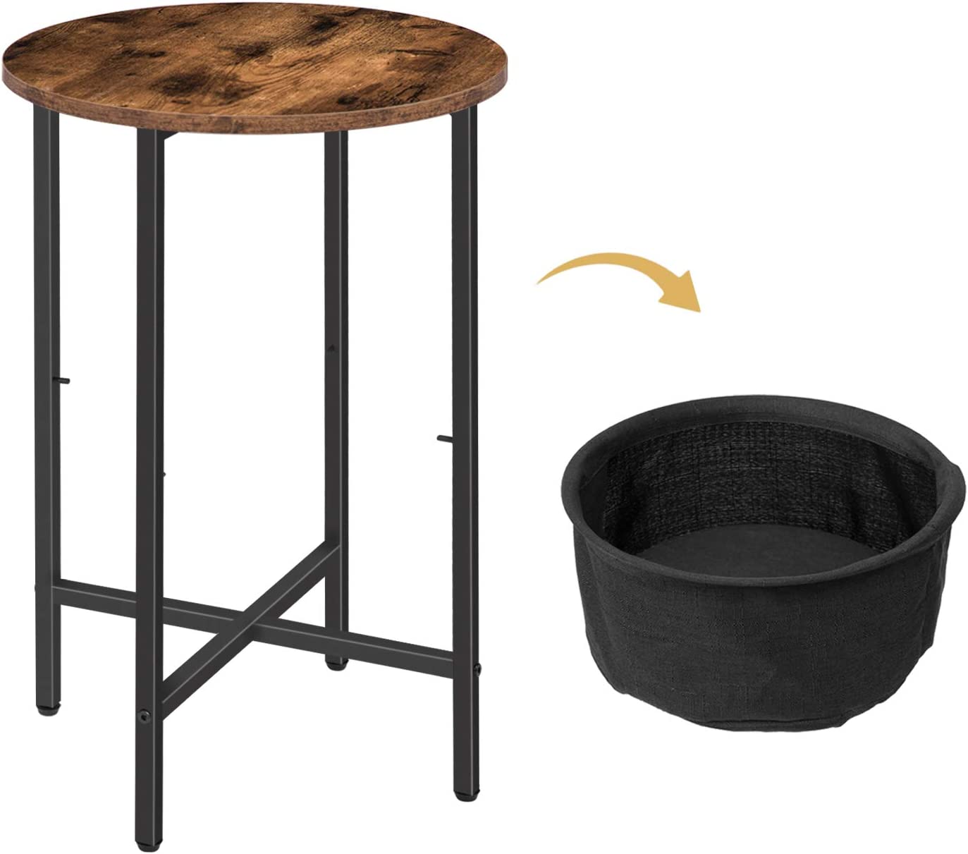 Round Side Table with Removable and Washable Storage Basket, Industrial End Table