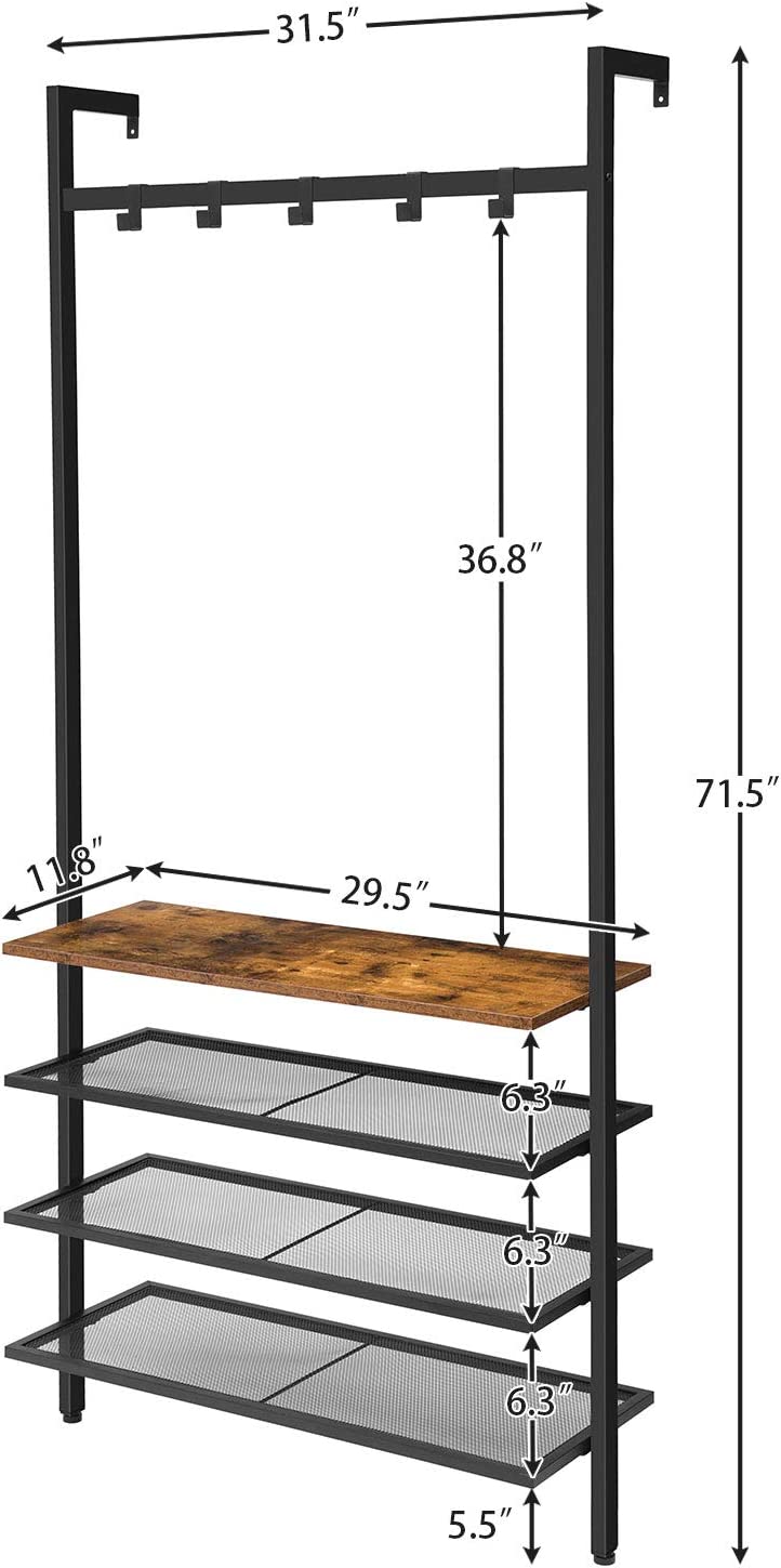 Coat Rack Shoe Rack, Industrial Hall Tree with 5 Movable Hooks, Against The Wall 4 Tier Storage Shelf Organizer