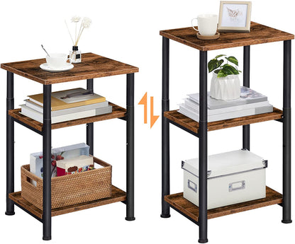 Side Table, Height-Adjustable Nightstand with Storage Shelves, 3-Tier Tall Industrial End Table, Coffee Table