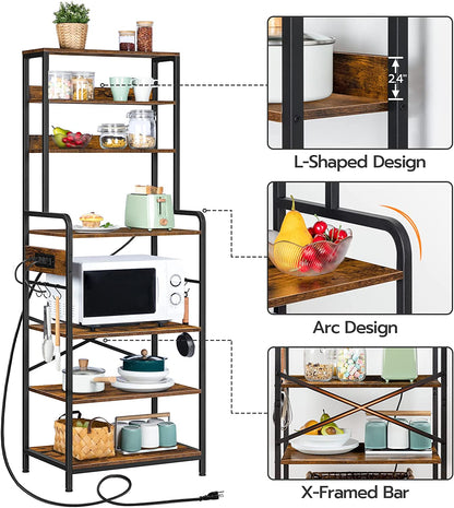 Bakers Rack with Power Outlet, Microwave Stand with 4 S-Shaped Hooks, 7-Tier Kitchen Shelves, Coffee Station