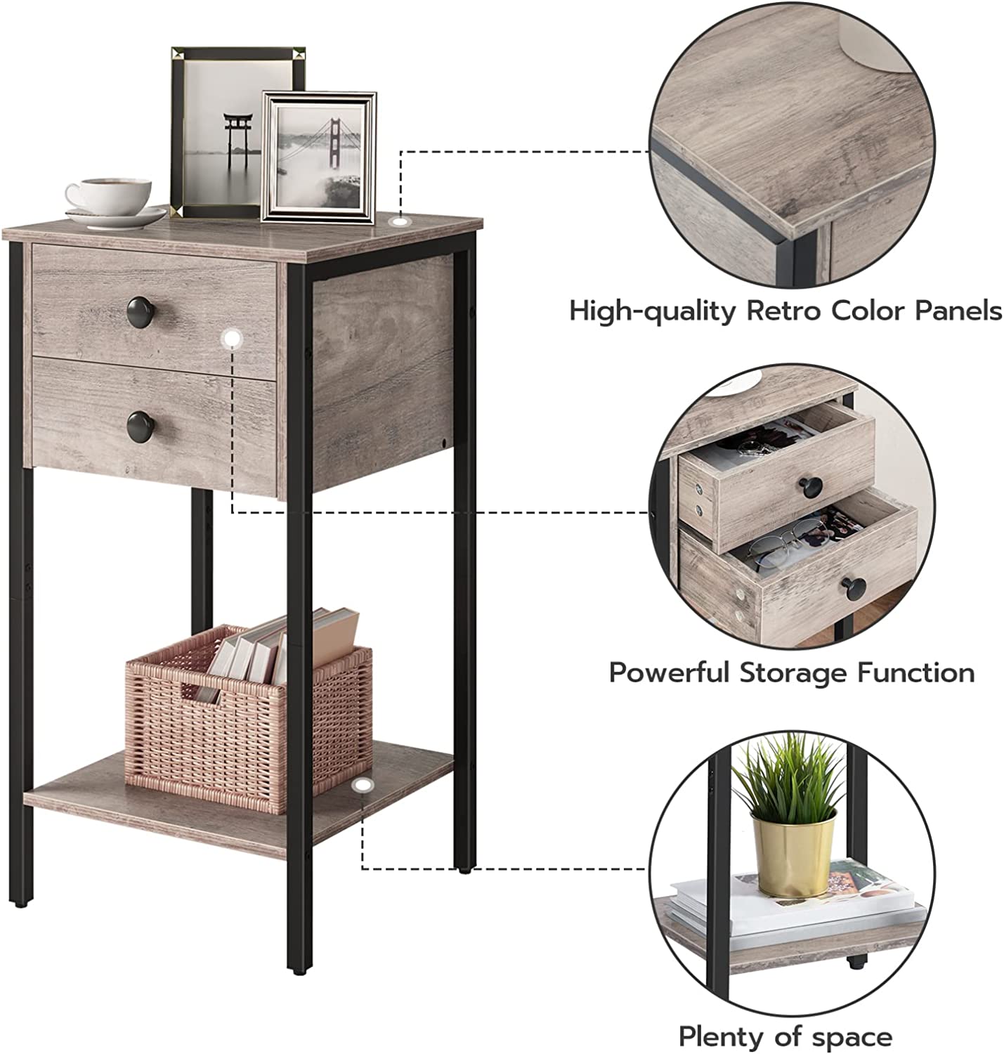 Tall Nightstand, Bedside Table with 2 Drawers and Storage Shelf, Industrial Telephone End Table