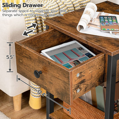 Set of 2 End Tables with Charging Station and USB Ports, Nightstand with Drawer and Storage Shelf