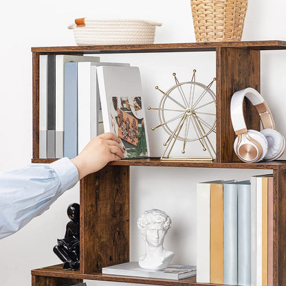 Bookshelf with Cabinet, 6-Tier Bookcase with Doors, S-Shaped Wooden Shelves, Freestanding Storage Rack Rustic Book Shelf