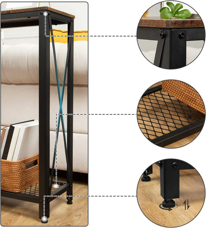 Console Table, Narrow Sofa Table Behind Couch, 2 Tier Skinny Entryway Table with Mesh Shelf