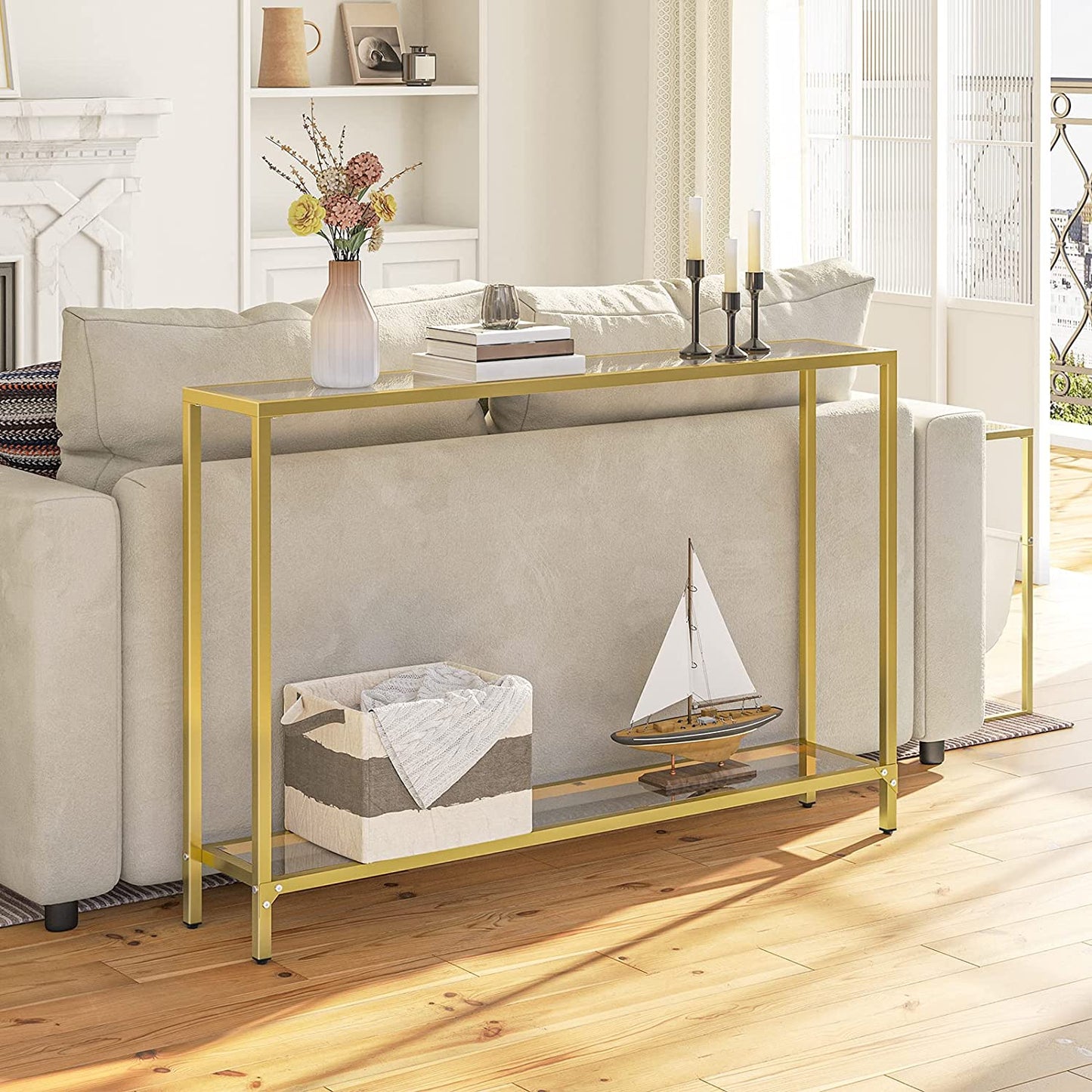 Gold Console Table, Narrow Tempered Glass Entryway Table, Sofa Table Behind Couch