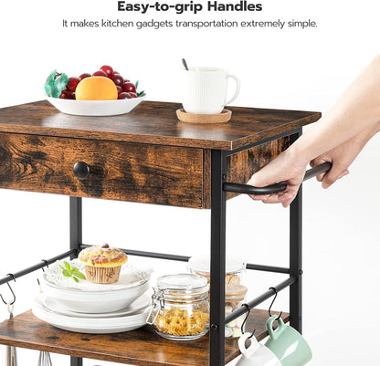 Kitchen Island Cart with Drawer, 3-Tier Storage Cart on Wheels, Kitchen Rolling Cart