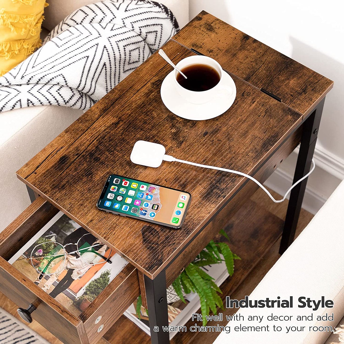 Side Table with Charging Station, Narrow Nightstand with Drawer, USB Ports & Power Outlets, End Table