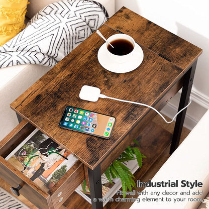 Side Table with Charging Station, Narrow Nightstand with Drawer, USB Ports & Power Outlets, End Table