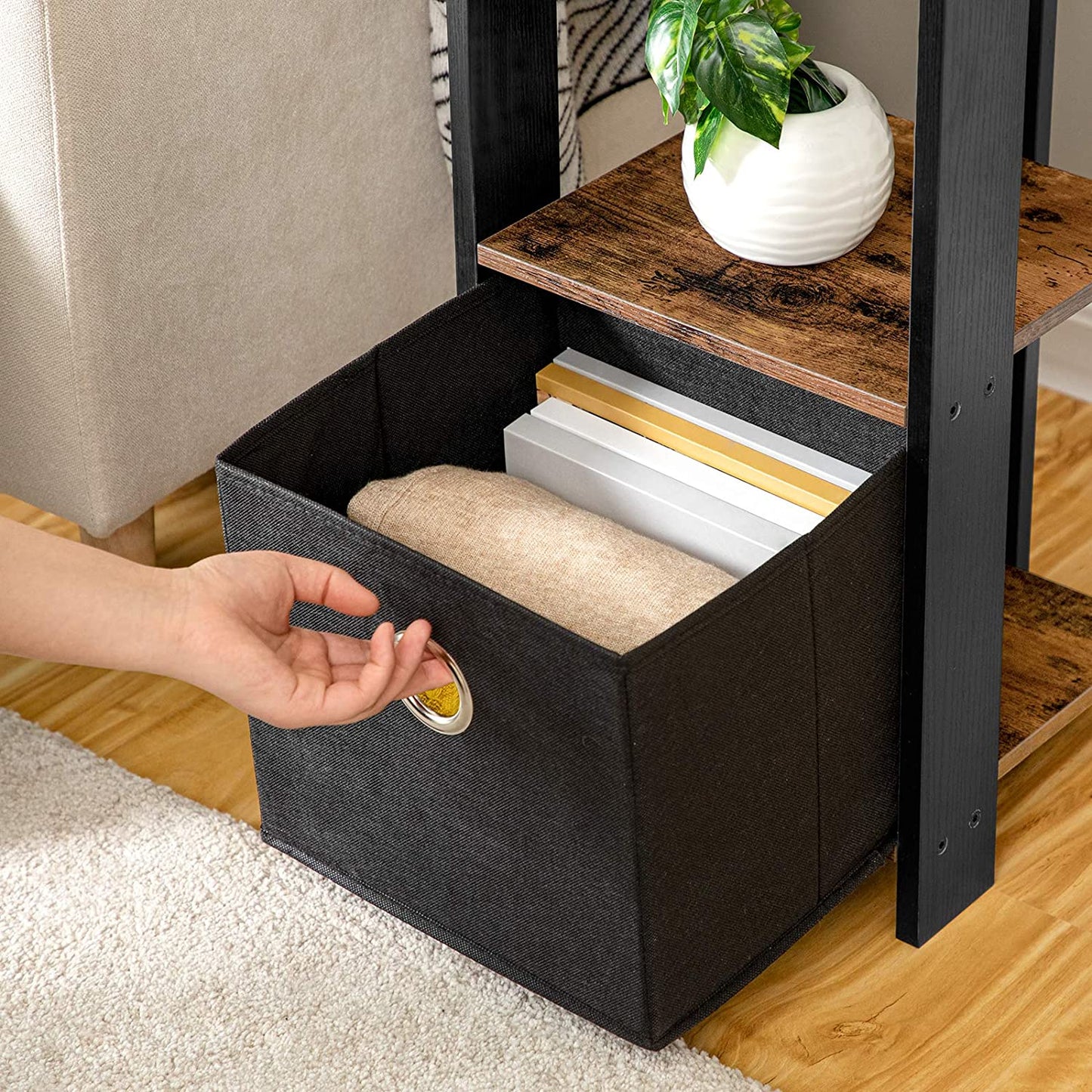 Bedside Table with Pull-Out Collapsible Storage Box, Retro Small Nightstand