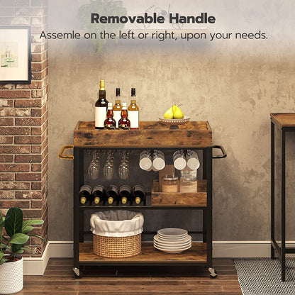 Bar Cart, Serving Cart with Removable Tray, Kitchen Cart with Wine Rack and Cup Holders, Lockable Castors