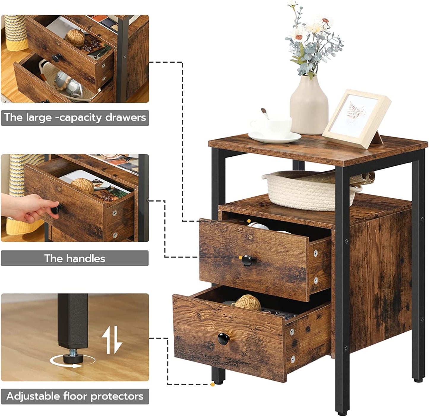 Nightstand, Bedside Table with 2 Drawers and Storage Shelves, Side End Table, Sofa Table