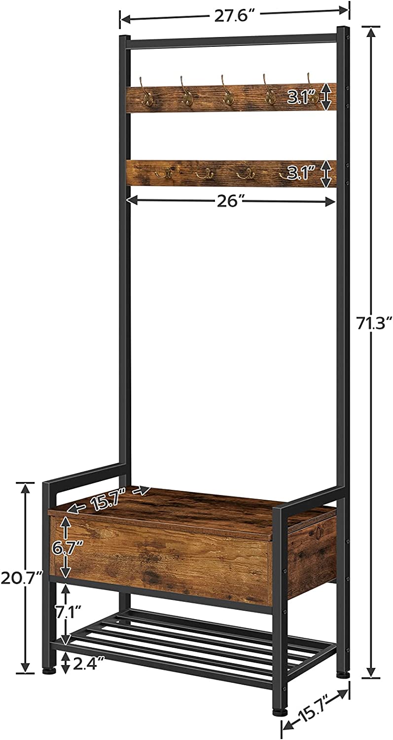 Hall Tree with Bench, 4-in-1 Entryway Bench with Coat Rack and Storage Cabinet