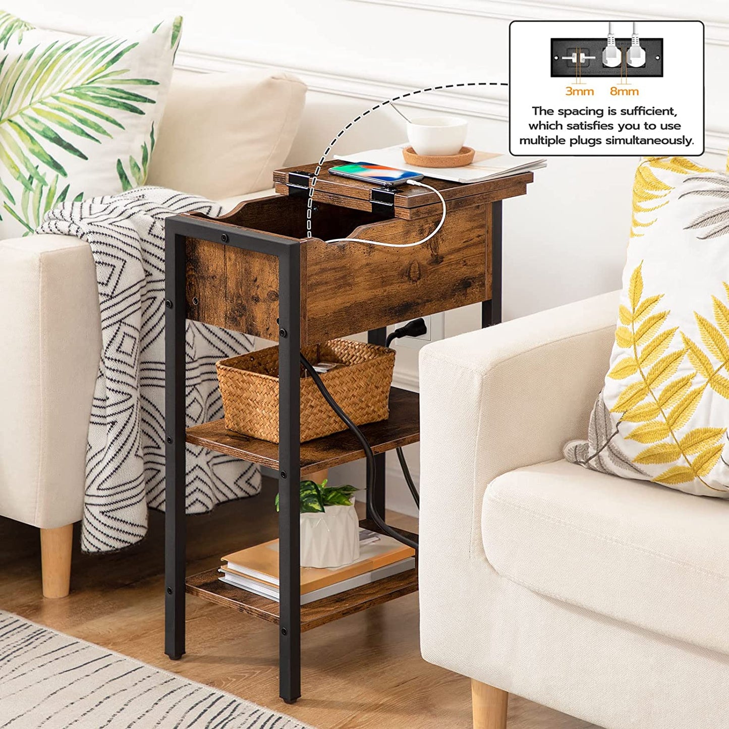 Side Table, Flip End Table with Charging Station and Shelves, USB Ports & Power Outlets, Narrow Nightstand
