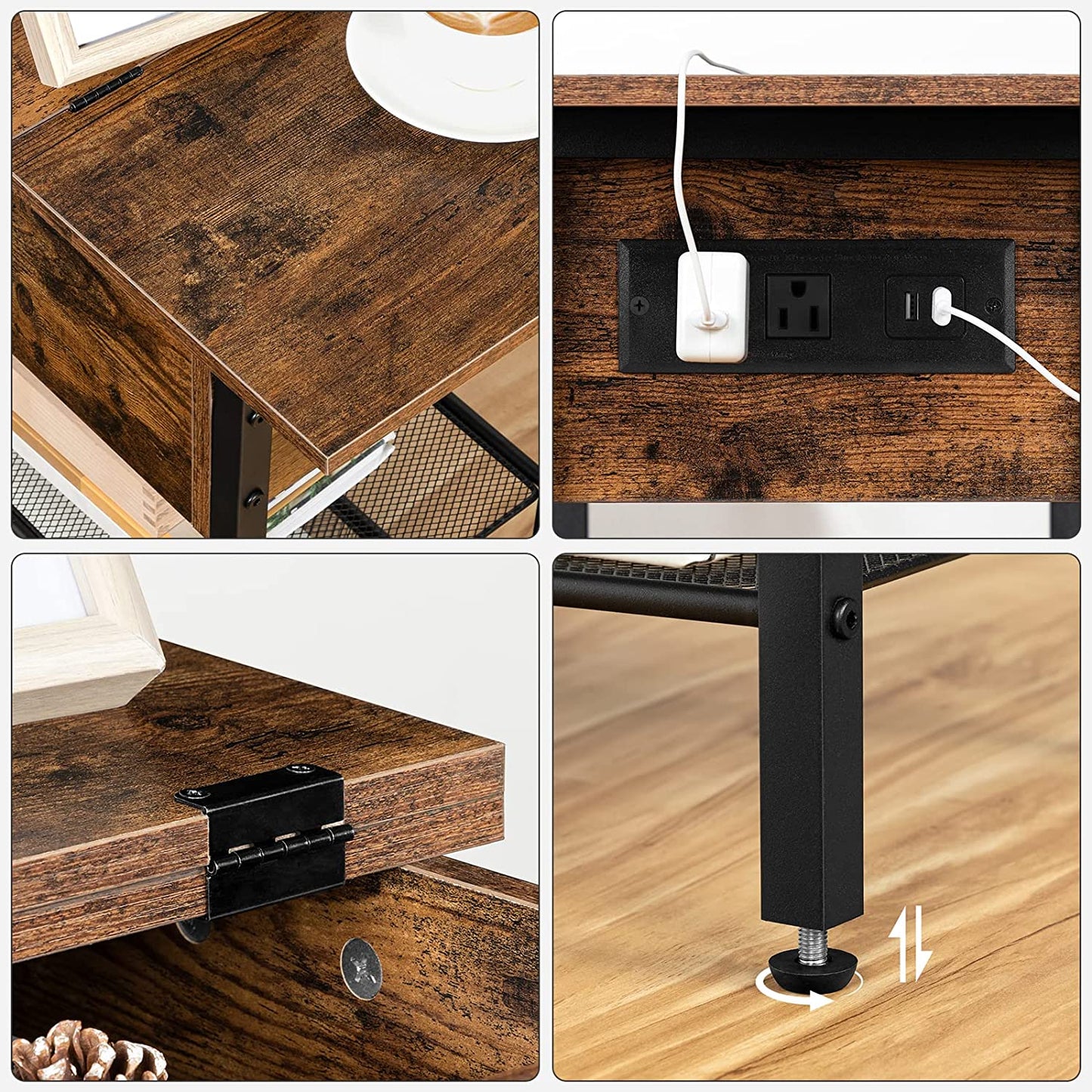 End Table with Charging Station and Shelves, Flip Side Table with USB Ports & Power Outlets