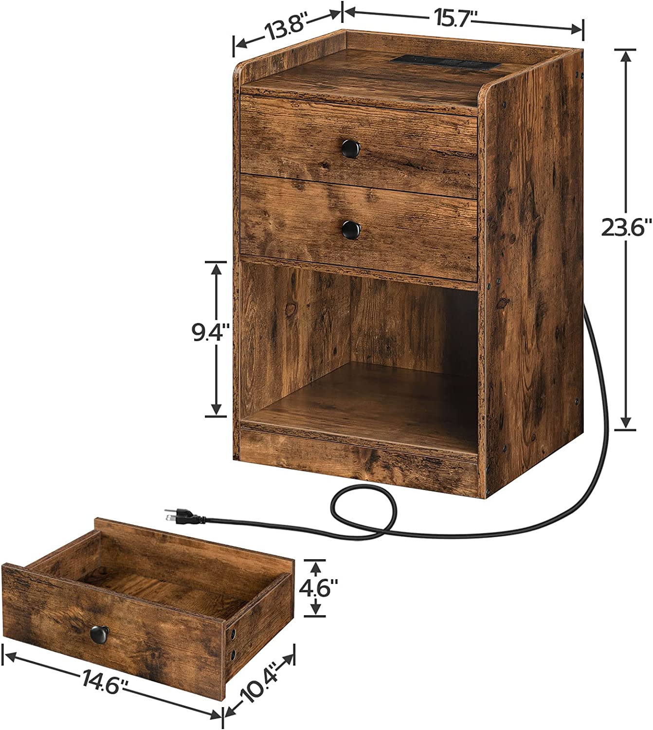 Nightstand with Charging Station, Side Table with 2 Drawers and Open Shelves, Storage Shelf with USB Ports and Outlets