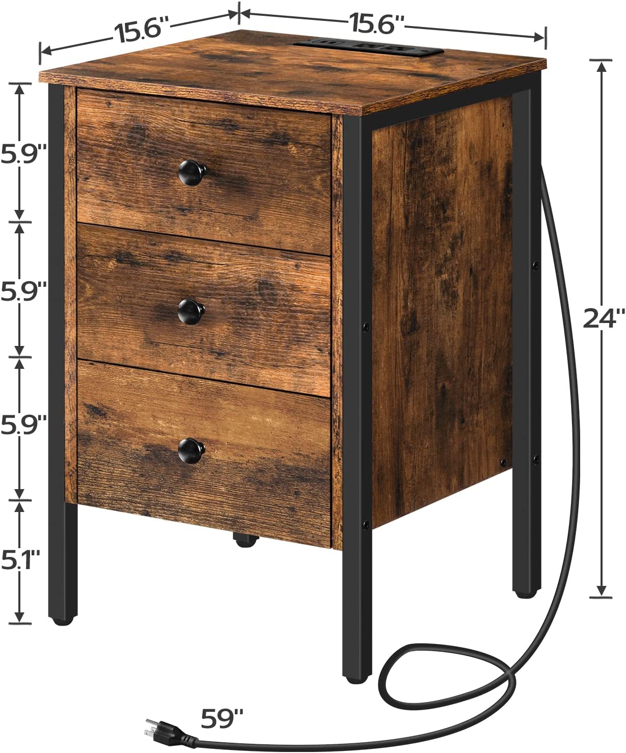 Nightstand, End Table with Charging Station and USB Ports, Side Table with 3 Drawers and Storage Shelf