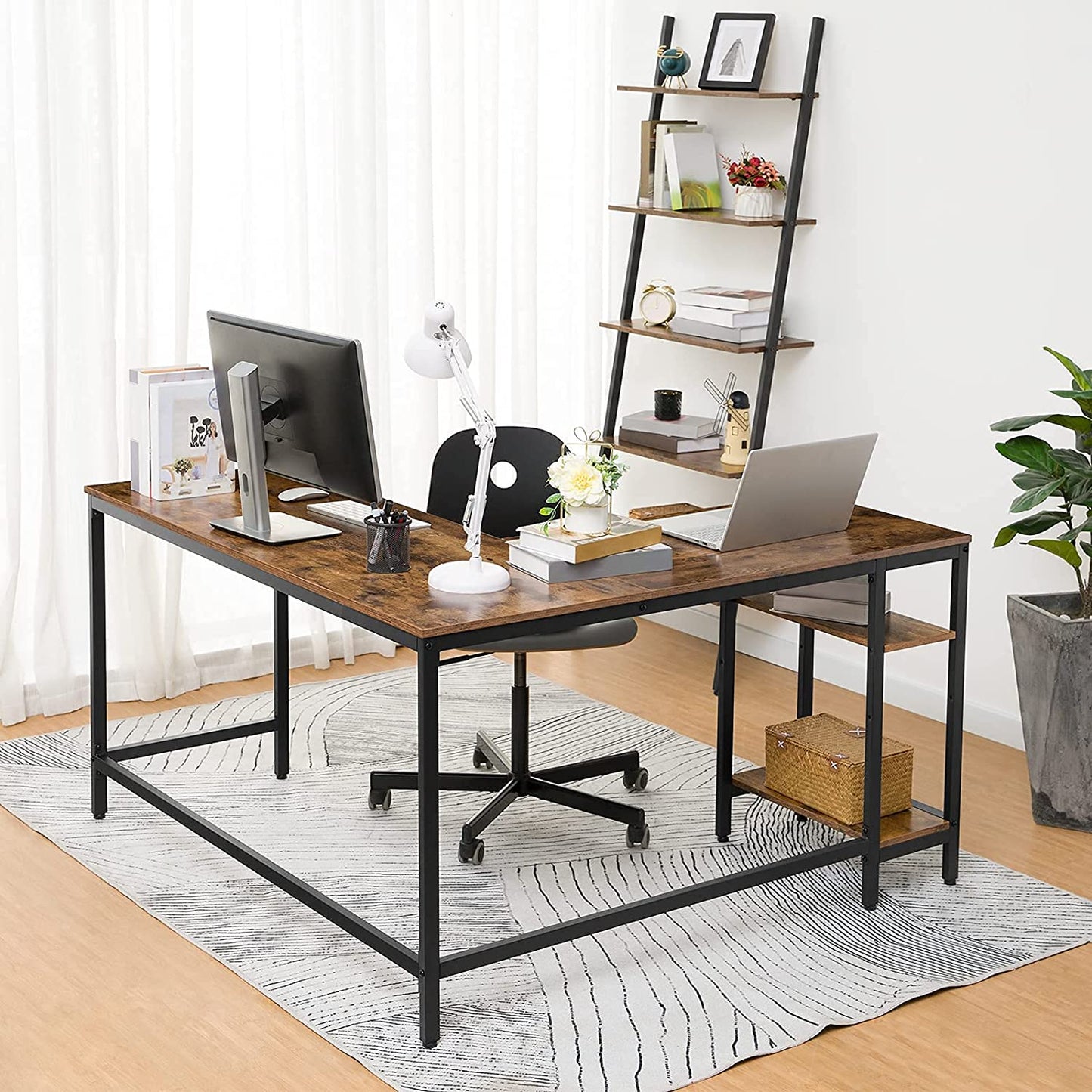 L-Shaped Computer Desk, Industrial Corner Writing Desk with Adjustable Shelves, Study Workstation