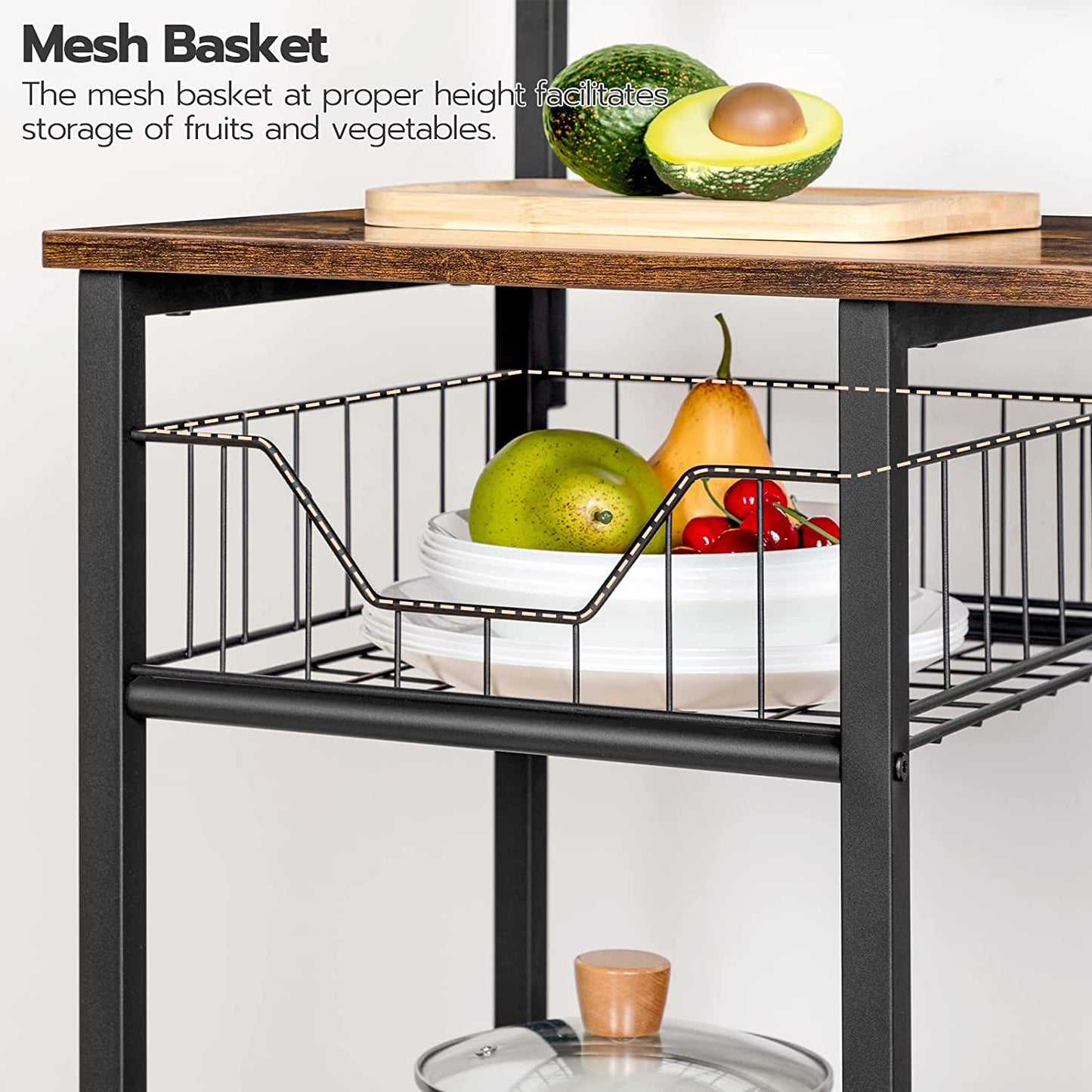 Bakers Rack with Power Outlet, Microwave Stand with Mesh Basket, Coffee Station, Kitchen Shelf