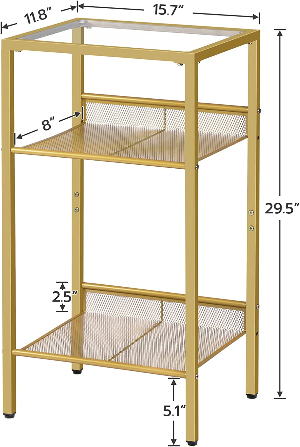 Tall End Table, Tempered Glass Telephone Table with Mesh Shelf, 3-Tier High and Narrow Side Table
