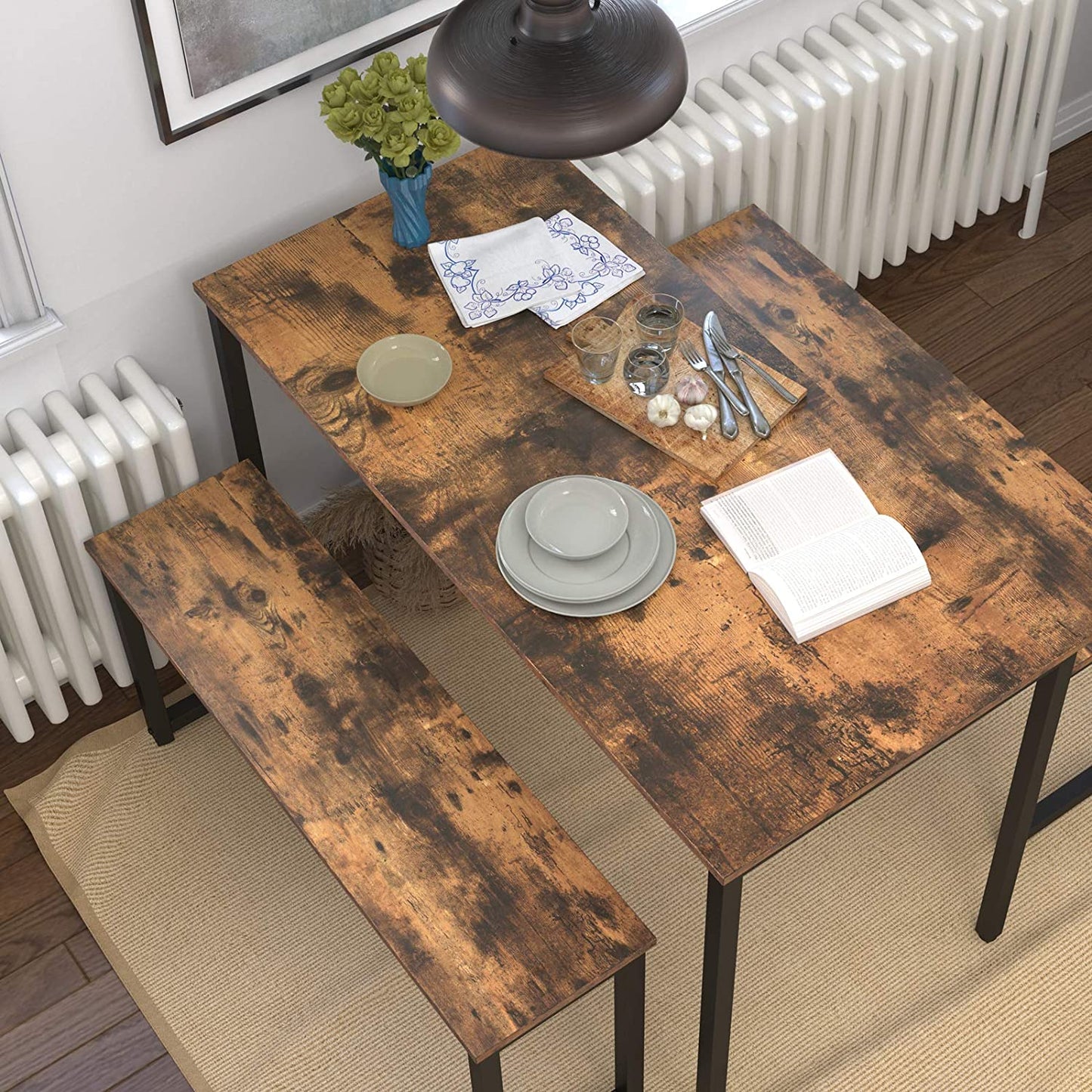 Dining Benches, Pair of 2 Benches, Industrial Style Indoor Benches, Durable Metal Frame