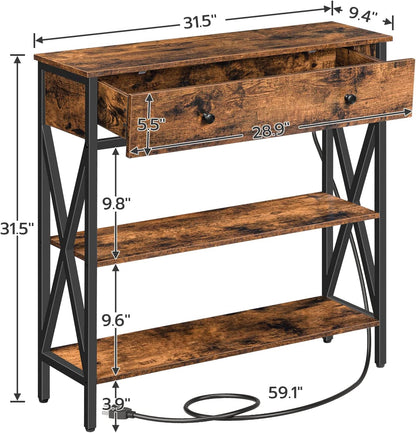 Console Table with Outlets and USB Ports, Narrow Entryway Table with Drawer