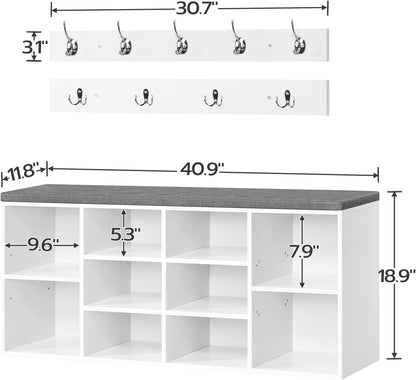 Coat Rack Shoe Bench, Cubby Storage Bench with Cushion