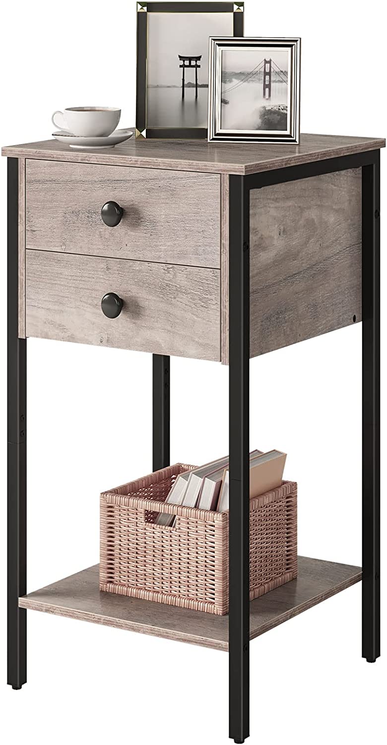 Tall Nightstand, Bedside Table with 2 Drawers and Storage Shelf, Industrial Telephone End Table