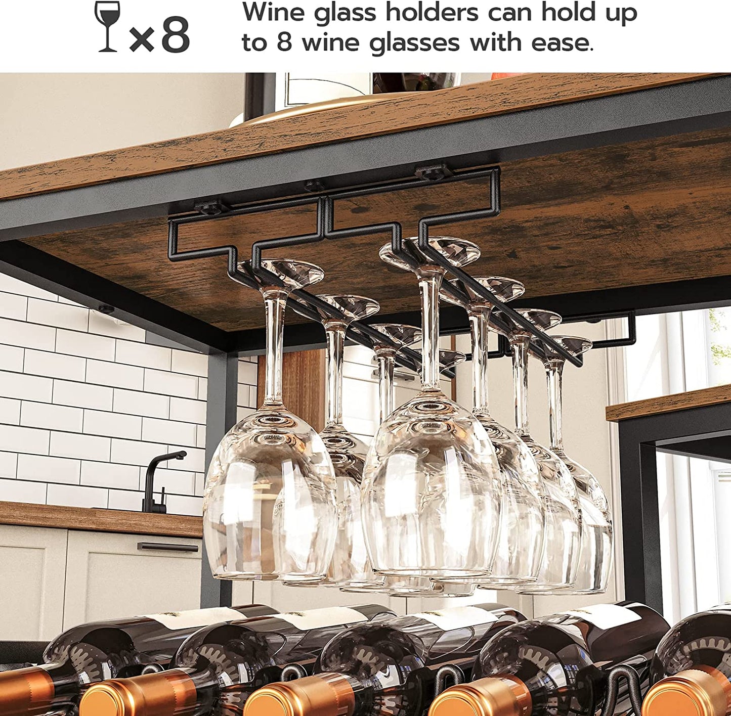 Bar Cart, 3-Tier Rolling Serving Cart on Wheels, Storage Cart with 2-Tier Glass Holder and Wine Bottle Racks