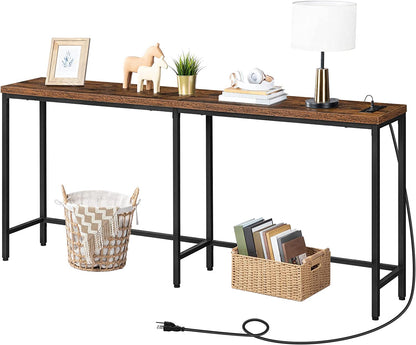 Console Table with 2 Power Outlets and 2 USB Ports, Extra Long Entryway Table with Charging Station