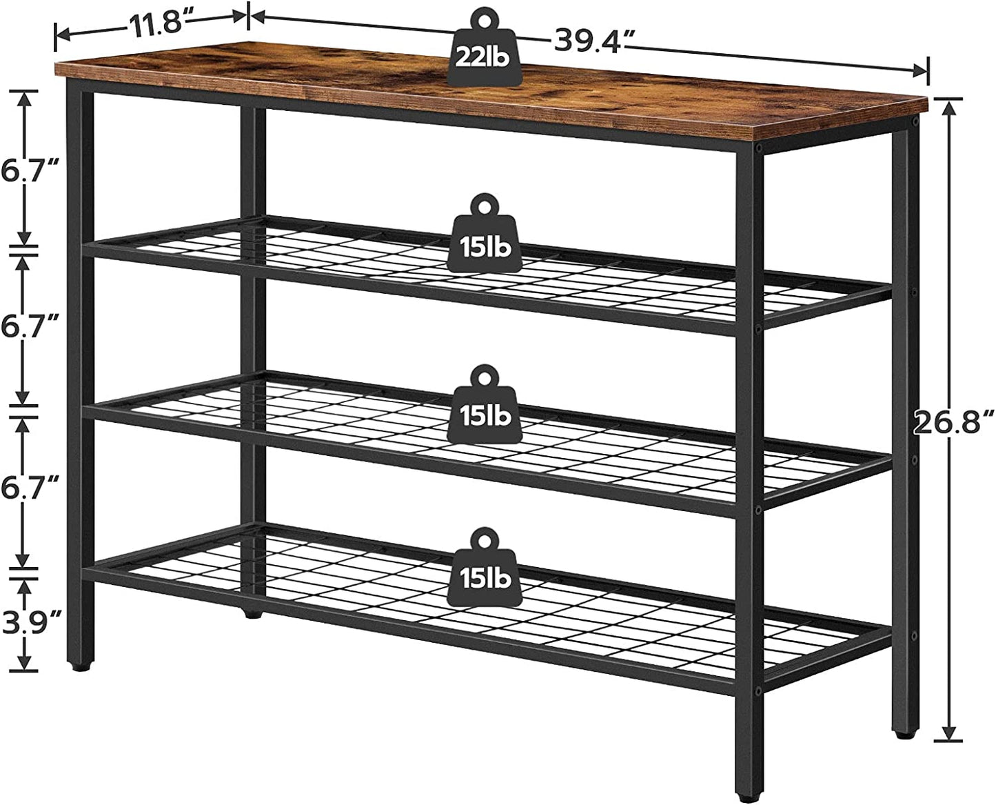 Shoe Rack, 4-Tier Shoe Shelf, Industrial Shoe Storage Organizer with 3 Metal Mesh Shelves