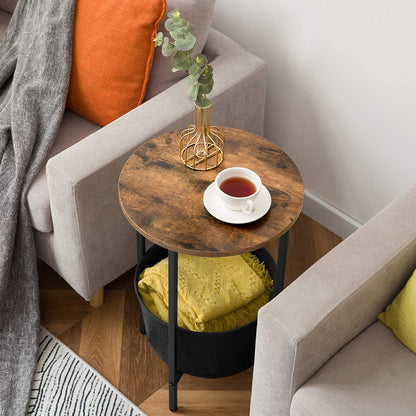 Round Side Table with Removable and Washable Storage Basket, Industrial End Table