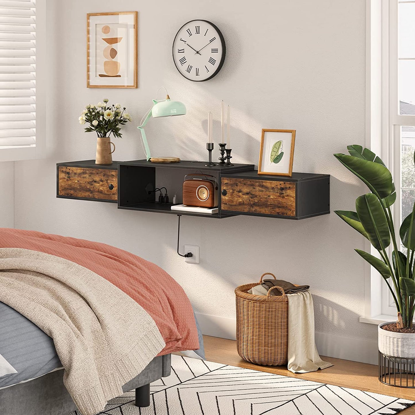 Floating TV Stand, TV Shelf with Power Outlet, Wall Mounted Media Console with Doors