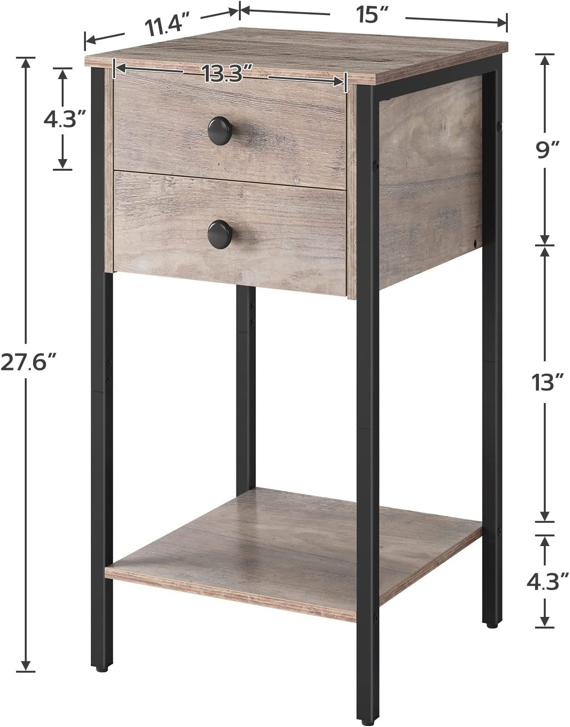 Tall Nightstand, Bedside Table with 2 Drawers and Storage Shelf, Industrial Telephone End Table