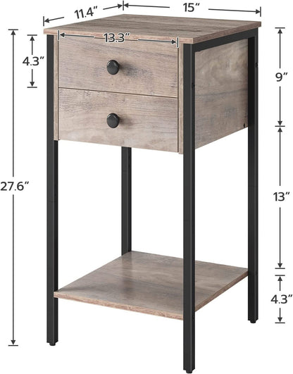 Tall Nightstand, Bedside Table with 2 Drawers and Storage Shelf, Industrial Telephone End Table