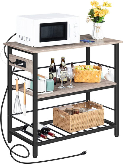 Kitchen Island with Power Outlet, Kitchen Storage Island with Wine Rack and Hooks, 3 Tier Coffee Station and Microwave Stand