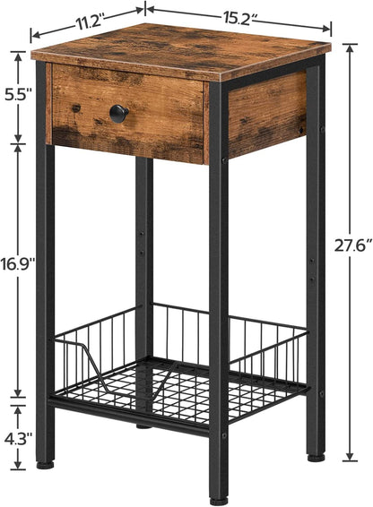 Tall Nightstand, End Table with Drawer and a mesh Steel Basket Black, Bedside Table