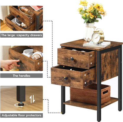 Nightstand with 2 Drawers and Open Shelf, Industrial Square End Table, Bedside Table