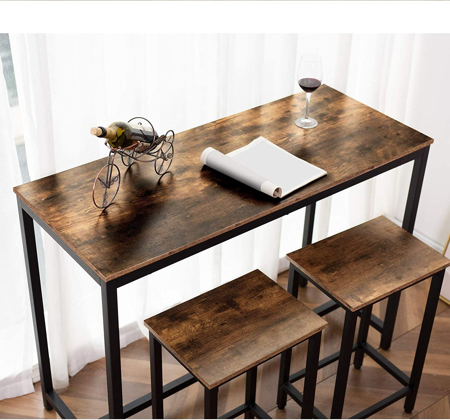 Bar Table Set, Rectangular Kitchen Pub Dining Coffee Table and 2 Bar Stools, 3-Piece Breakfast Table Set