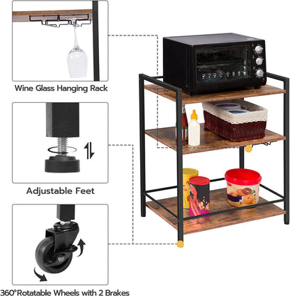 Bar Cart, Serving Cart with Wine Glasses Hooks, Rolling Kitchen Cart, Beverage Cart with Storage Shelves