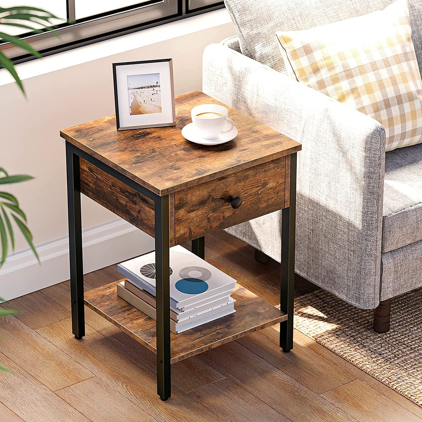 Nightstand, 2-Tier End Table, Industrial Side Table with Drawer and Storage Shelf
