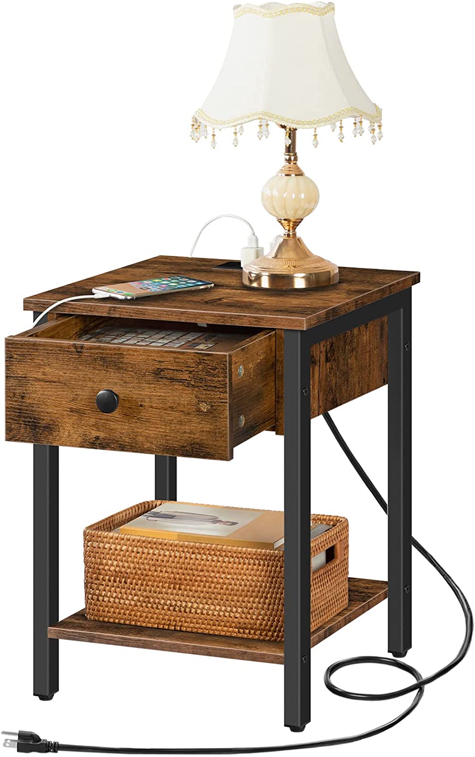 Set of 2 End Tables with Charging Station and USB Ports, Nightstand with Drawer and Storage Shelf